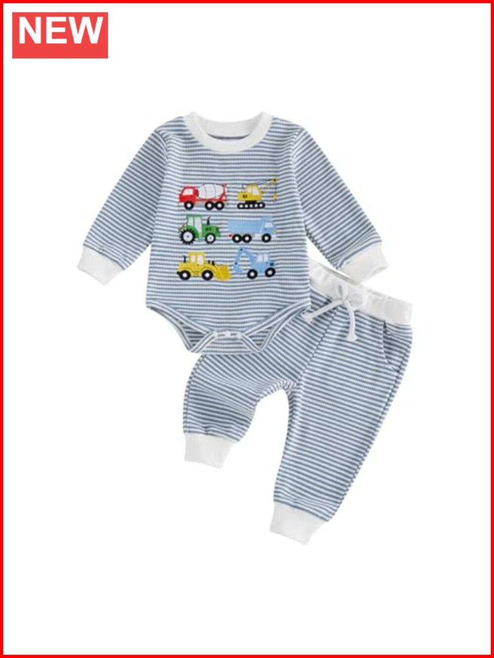 Baby Boy Waffle Knit Romper and Pants Set Long Sleeve Truck Embroidery